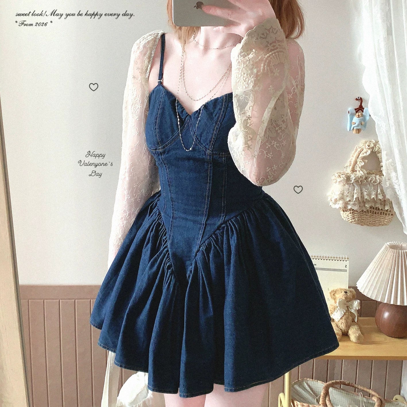 Last-Chance yxt* American Hot Girl Sweet-and-Spicy Denim Fitted Waist Flared Sundress Dress