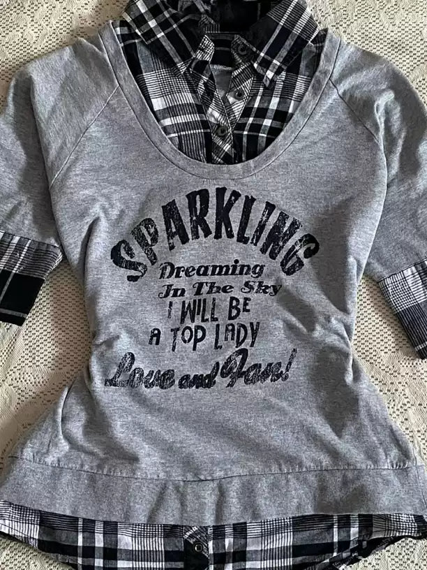 Gray plaid fake two-piece T-shirt