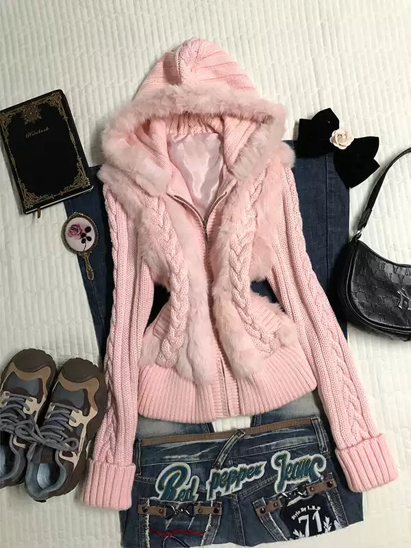pink twist hooded sweater jacket