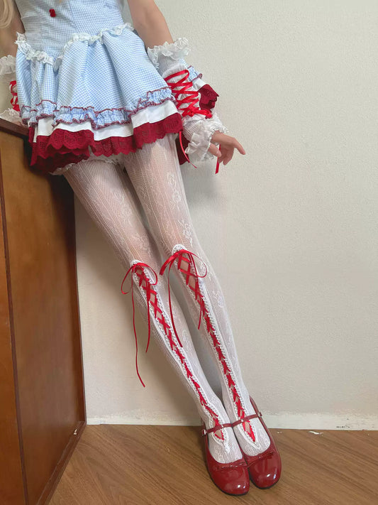 Ballet Style Red Ribbon Lace Pantyhose