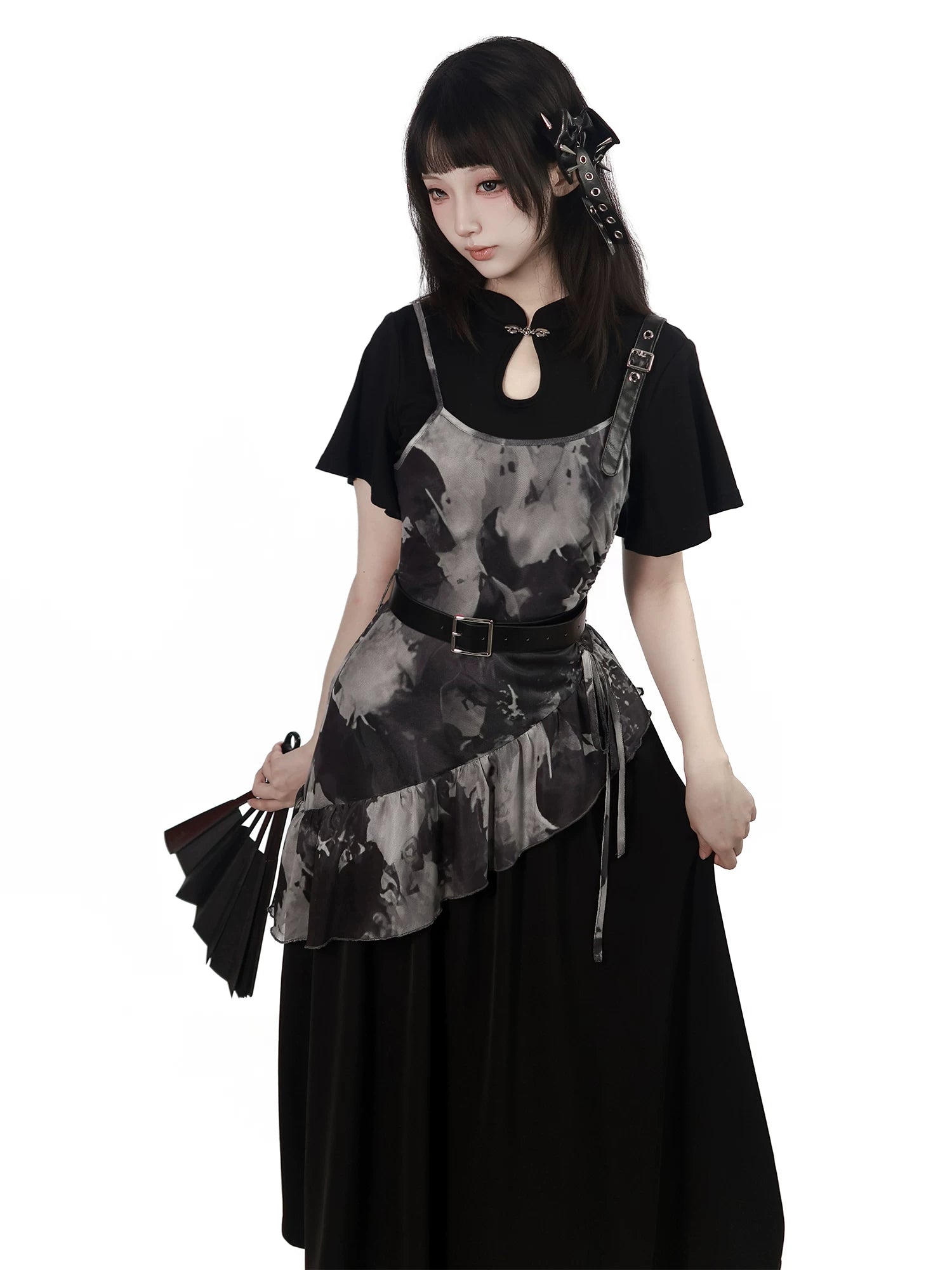 In Stock & Ships Fast 【Inkstone】 Cheongsam Collar Tencel Camisole Dress Top with Water-Ink Feel, Irregular Hem