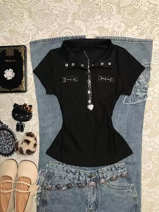 Black Polo collar short-sleeved T-shirt