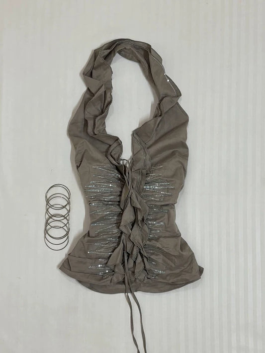 Grey Backless Pleated Cami Tank Top for Women Summer, Boutique Slimming Halter Fairy Blouse