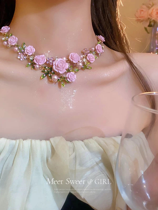 Pearl Collar Necklace with Pink Flowers for Women, Bold Statement Neckwear, 2026 New Fashion Accessory