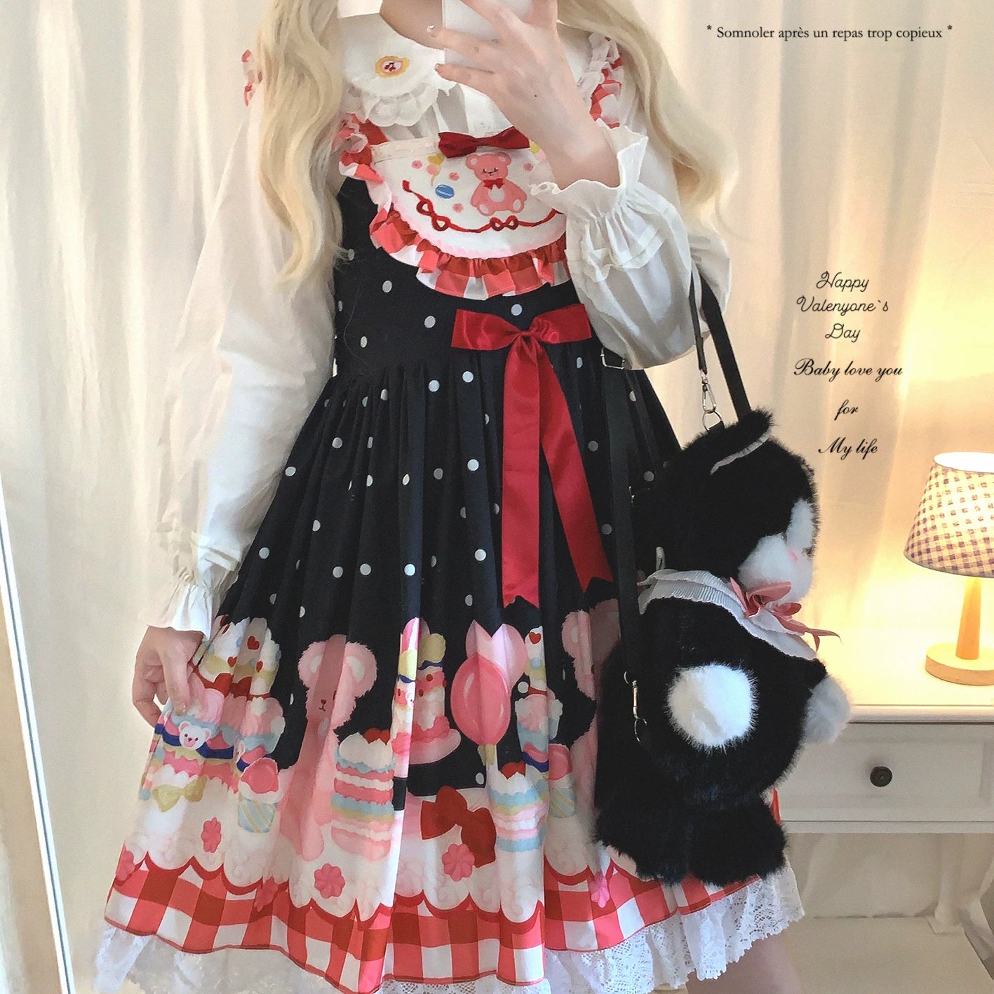 Last-chance HGL Vintage Checkered Puff-Sleeve Embroidered Drool Bib Sweet Dessert Bear Polka-Dot Cami Dress
