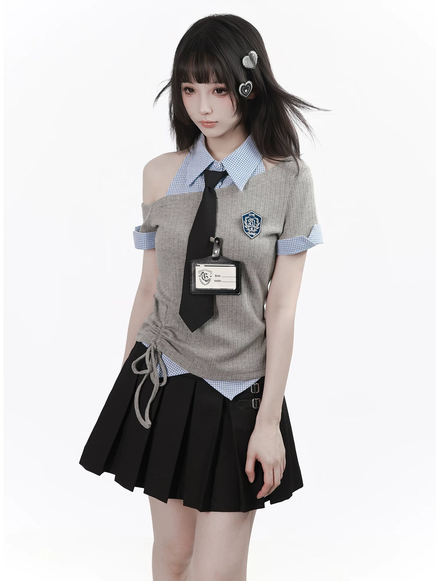 Ready Stock: “Gentle Rules” Off-Shoulder Ribbed Button-Trim Corset-Waist Shirt Top + Camisole Pleated Skirt (Slimming Look)