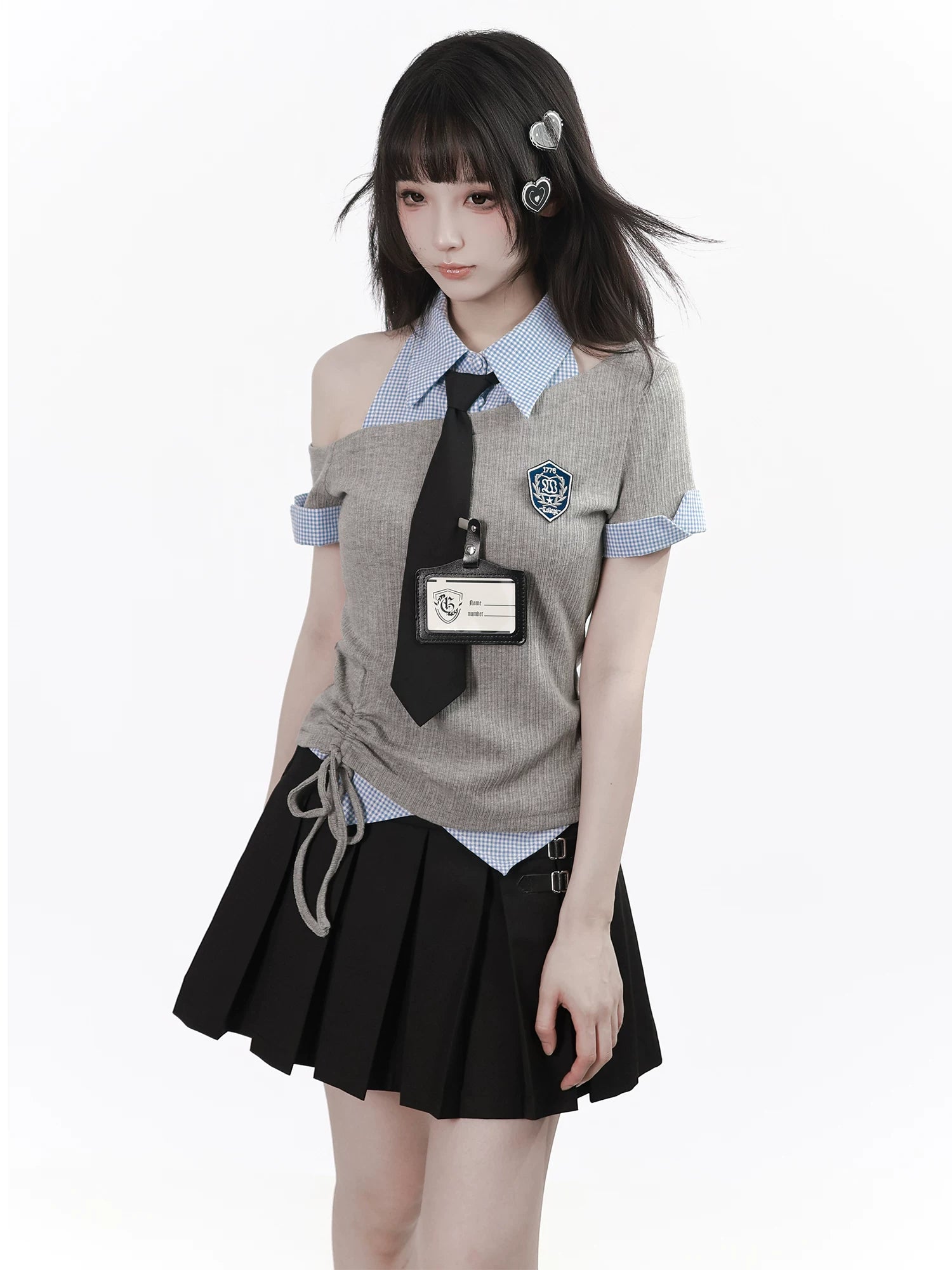 Ready Stock: “Gentle Rules” Off-Shoulder Ribbed Button-Trim Corset-Waist Shirt Top + Camisole Pleated Skirt (Slimming Look)