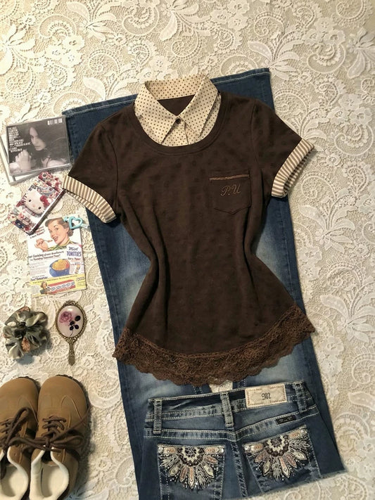 Brown Lace Panel Casual Versatile Slimming Shirt Collar Short-Sleeve T-Shirt for Summer—New for Women