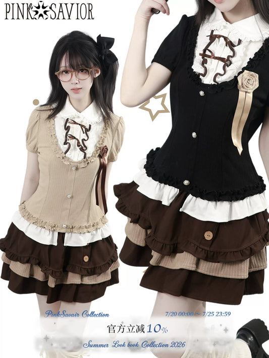 Pinksavior [Rose Brown] Summer Short-Sleeve Knit Soft and Fluffy Faux Two-Piece Top with Lace Cake Dress