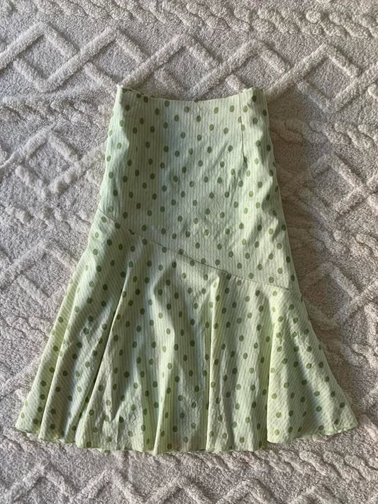 Vintage Green Polka Dot High-Waisted Mermaid Flare Short Skirt for Summer, Slimming A-Line Skirt
