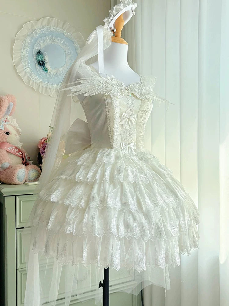 【Little Angel】 Black & White Lolita Dress Ballet Bride Floral JSK Dress Outfit Set – Lolita Wedding Dress