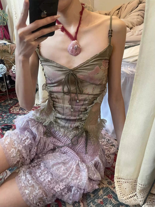 lace splicing printed camisole
