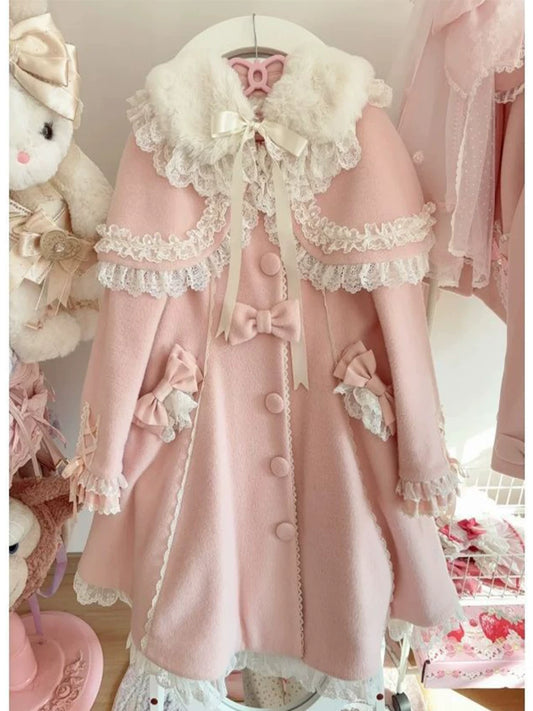 Sweet Lolita Pink Wool Coat Set | Japanese Princess Cape Outerwear with Bow Detail