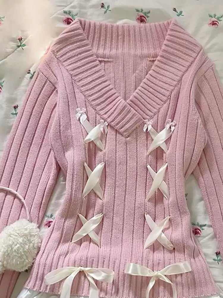 Retro sweet pink V-neck sweater