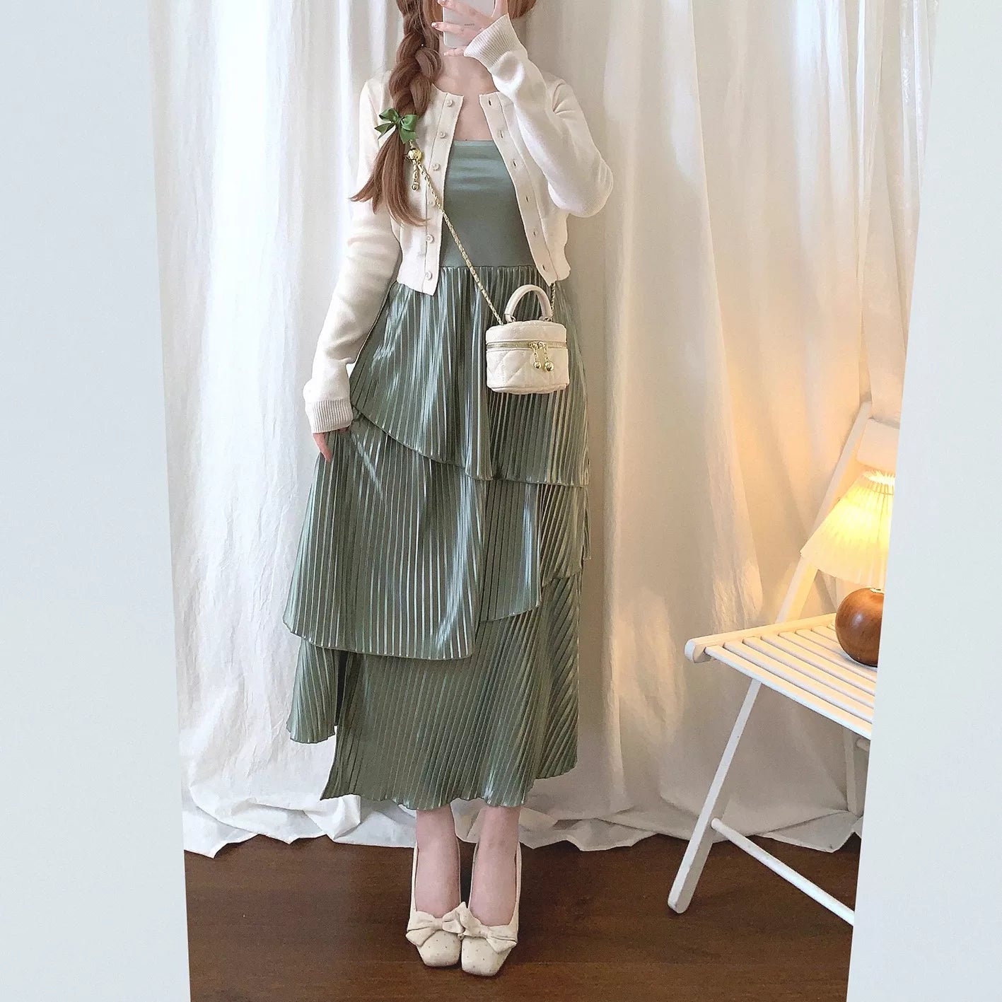 Japanese One Gr* Vintage Elegant Glossy Irregular Pleated Layered Skirt Hem Fishtail Cami Dress