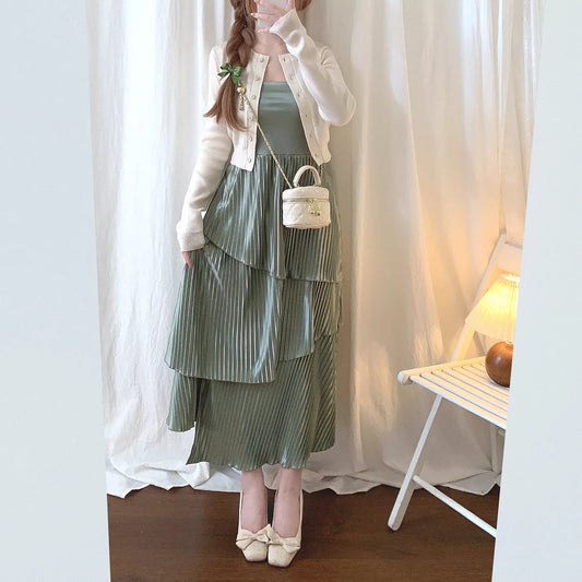 Japanese One Gr* Vintage Elegant Glossy Irregular Pleated Layered Skirt Hem Fishtail Cami Dress