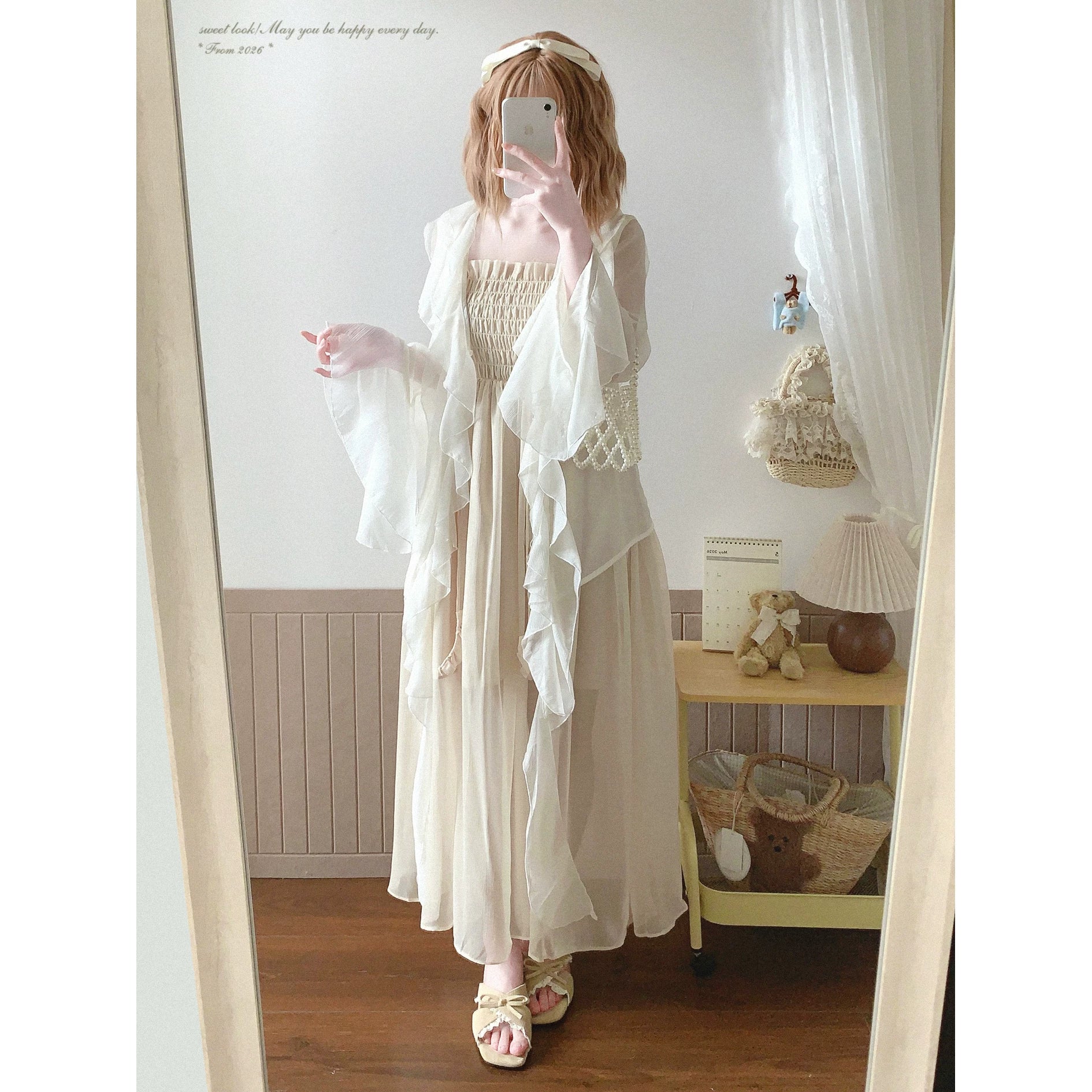Last Stock yxt* Pearl-Decor Trim Tied Draped Pleated Flowing Chiffon Slip Dress
