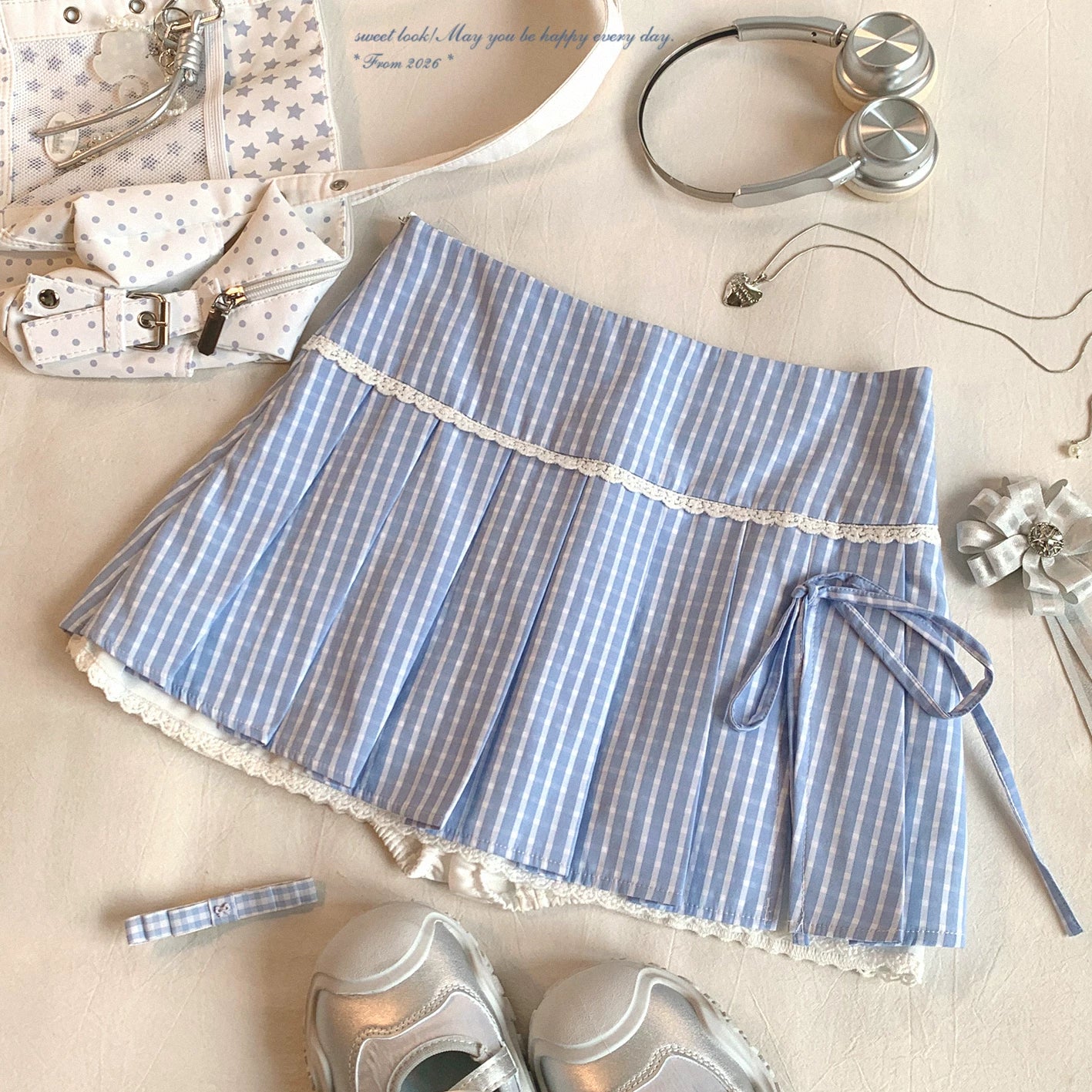 Last-Call NCX* Summer Fresh Sea-Salt Blue Check Lace Sweet High-Waisted Pleated Midi Skirt