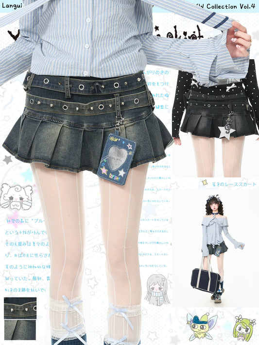 Blue Ghost Park Languid Park Tangerine Belt Pleated Denim Skirt for Women A-Line Mini Skirt Dress