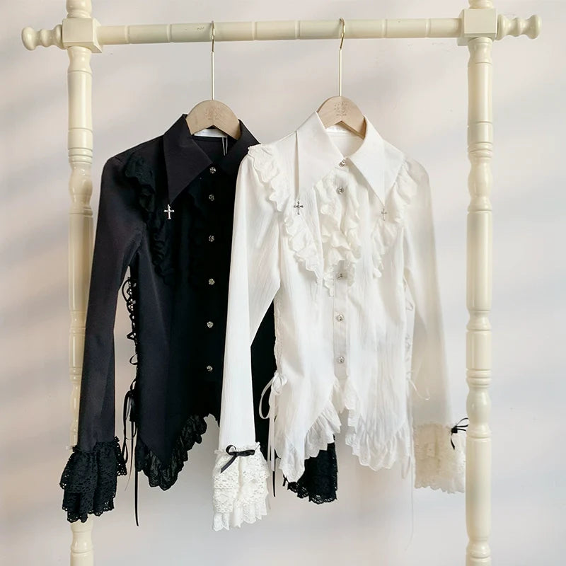 Gothic Lolita Blouse Black White Waist-Tie Shirt