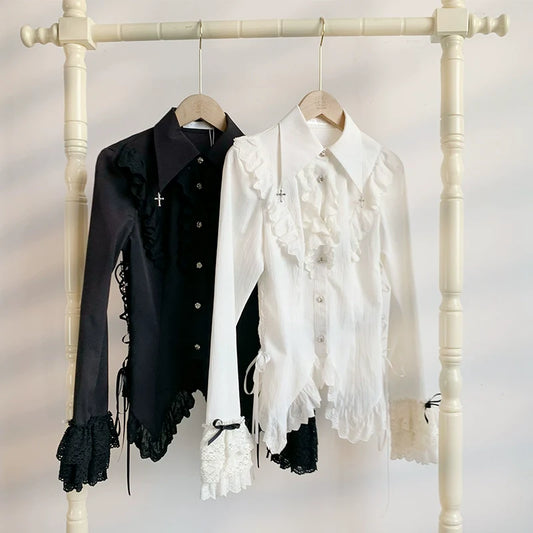 Gothic Lolita Blouse Black White Waist-Tie Shirt