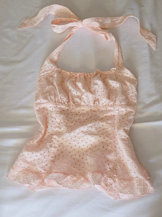 Pink Lace Off-Shoulder Spaghetti Strap Cami Top for Women Summer Vintage Retro Sweet & Spicy Outfit