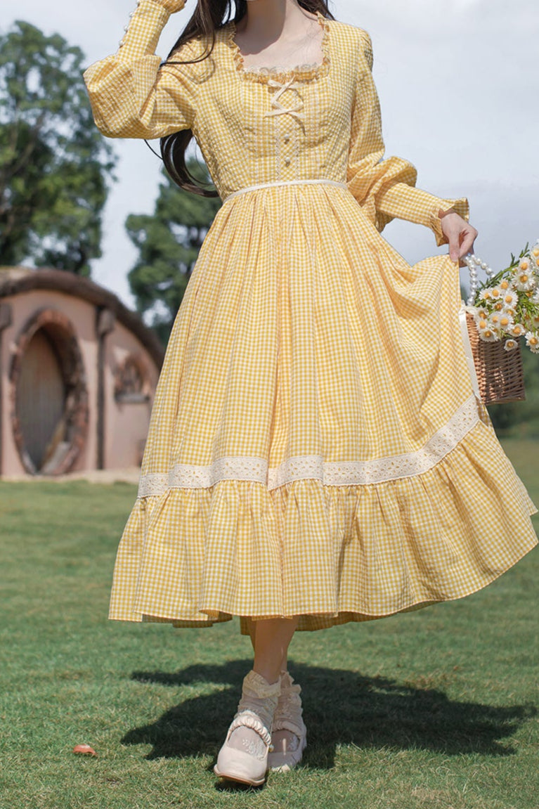 【Pre-order item】Retro Girly Yellow Dress + Apron + Ribbon