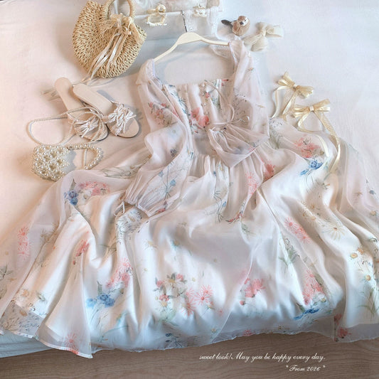 Floral Chiffon Dress | Cottagecore Square Neck Puff Sleeve Vintage Dress