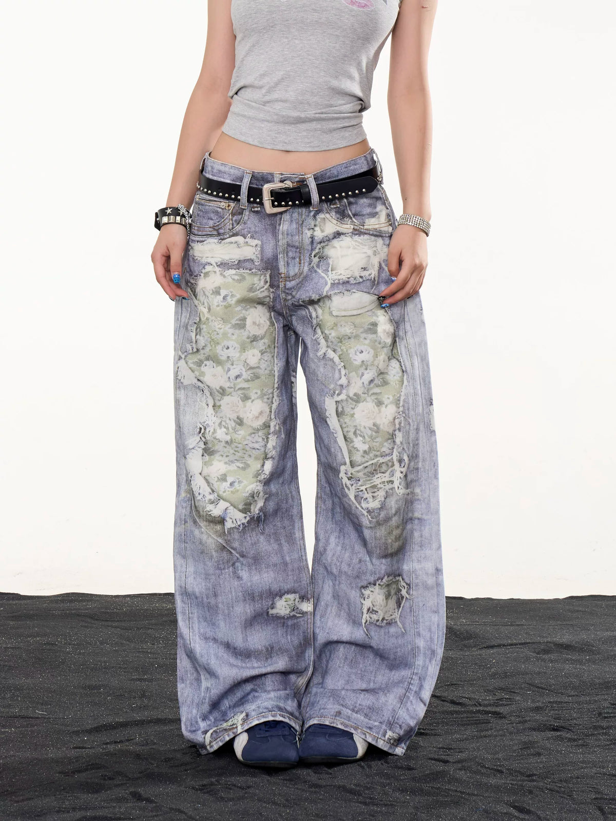 ONLPP American Vintage Streetwear Casual Distressed Print Wide-Leg Jeans for Women, Loose-Fit Statement Trousers