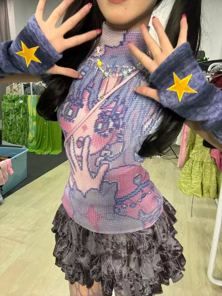 y2k star embroidered striped fur sleeves