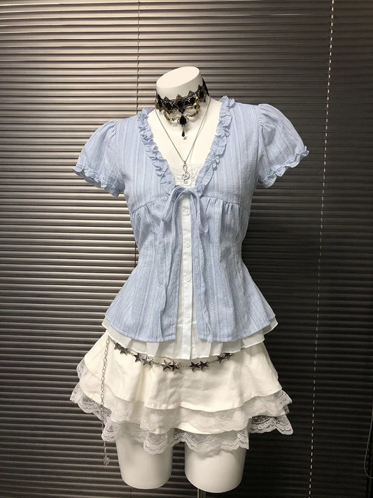 Korean-Style Sweet Light Blue Lace Short-Sleeve Shirt for Summer, Youthful and Pure Girls’ Styling