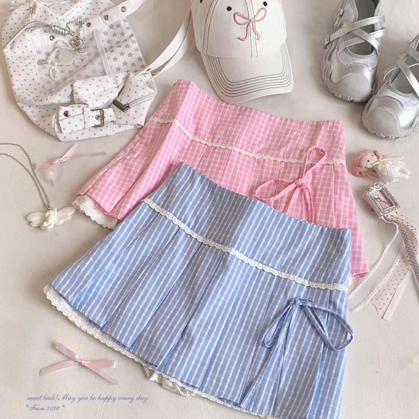Last-Call NCX* Summer Fresh Sea-Salt Blue Check Lace Sweet High-Waisted Pleated Midi Skirt