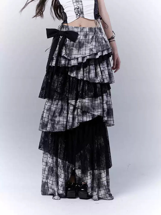 dark coquette lace splicing plaid cake multi-layer irregular long skirt