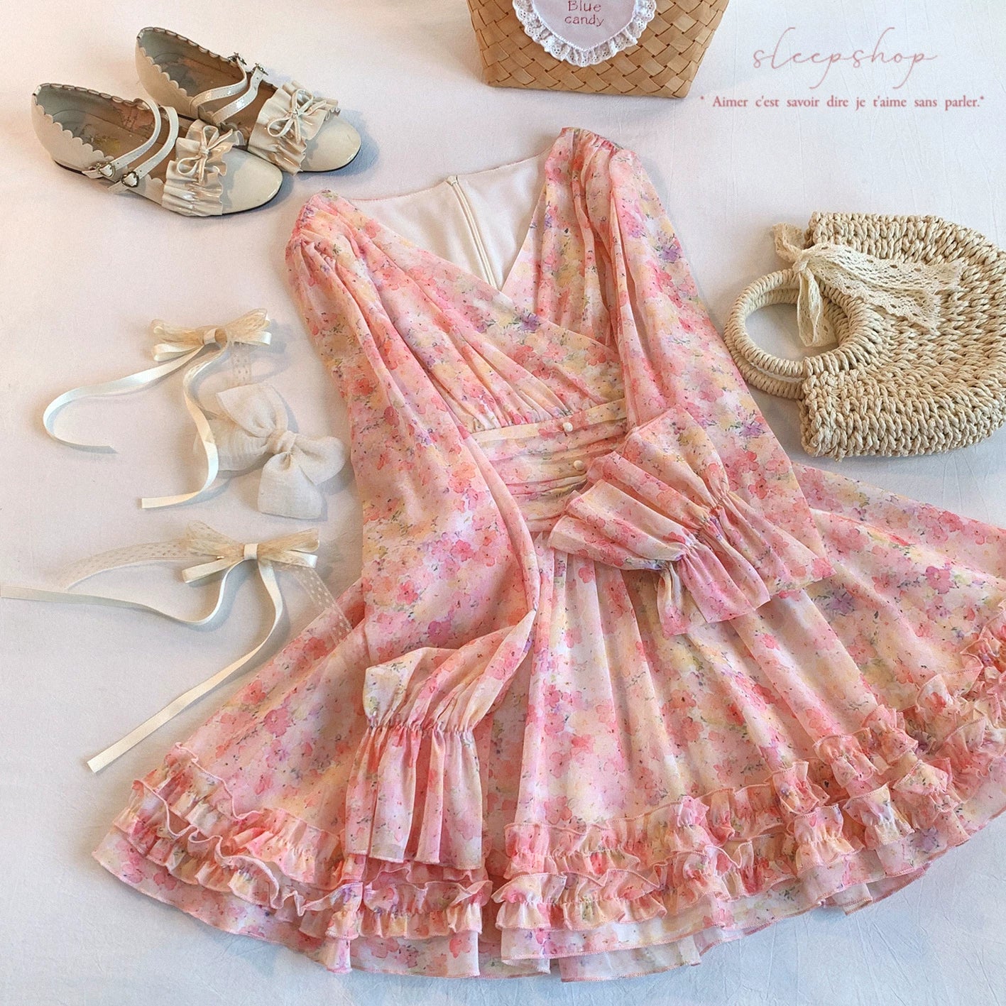 Last-Piece Joykik* French Vintage Oil Painting Style Romantic Floral Ruffled-Cuff Puff-Sleeve Dress