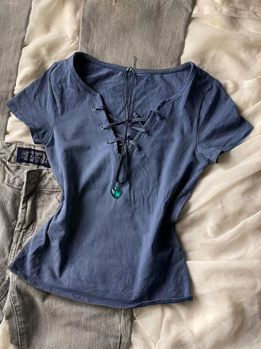 Blue Tie V-Neck Short-Sleeve T-Shirt for Women, Summer Vintage-Inspired, Fitted Waist, Shoulder-Perfect Top
