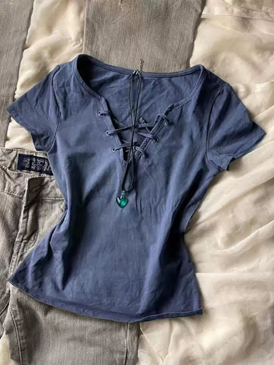 Blue V-neck straps short-sleeved shirt