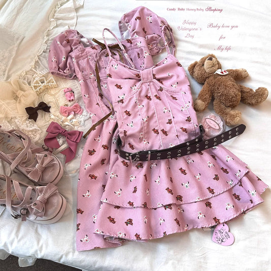 Color-Loss Clearance Sale—Strawberry Bear—Corduroy Little Bear Pattern Cute Dress