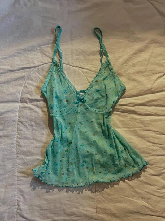 Blue Floral Sweet Fitted Cami Top for Women, Summer Edition—Slimming and Elegant