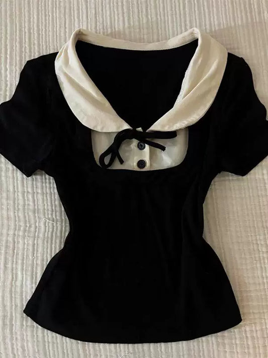 New for Summer 2026: Year Cake Right Right Original Fashion-Forward Black Short-Sleeve Top, Effortlessly Versatile Everyday Style, Two-Piece-Look Design
