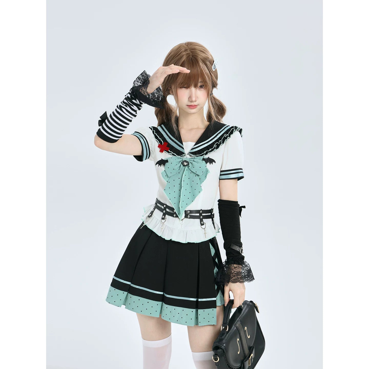 Lala Sauce Cyber Dreamscape Mint Black Sailor Dress Set Sweet Cool Bat Dot Bowtie Pleated Skirt Two-Piece