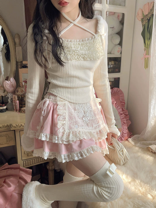 French-style Romantic Autumn/Winter “Korean Velvet” Lace Ruffle Hem Short Skirt (Half Skirt) B2277