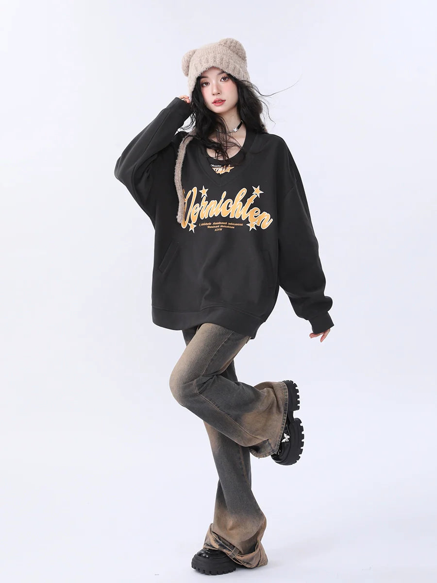 American Retro Casual Loose Two Piece Letter Print Sweatshirt