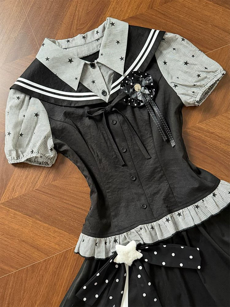 Preppy Navy Collar Fake Two-Piece Star Stripe Short Sleeve Shirt & Mini Skirt Set for Women, Summer 2026 New Arrival