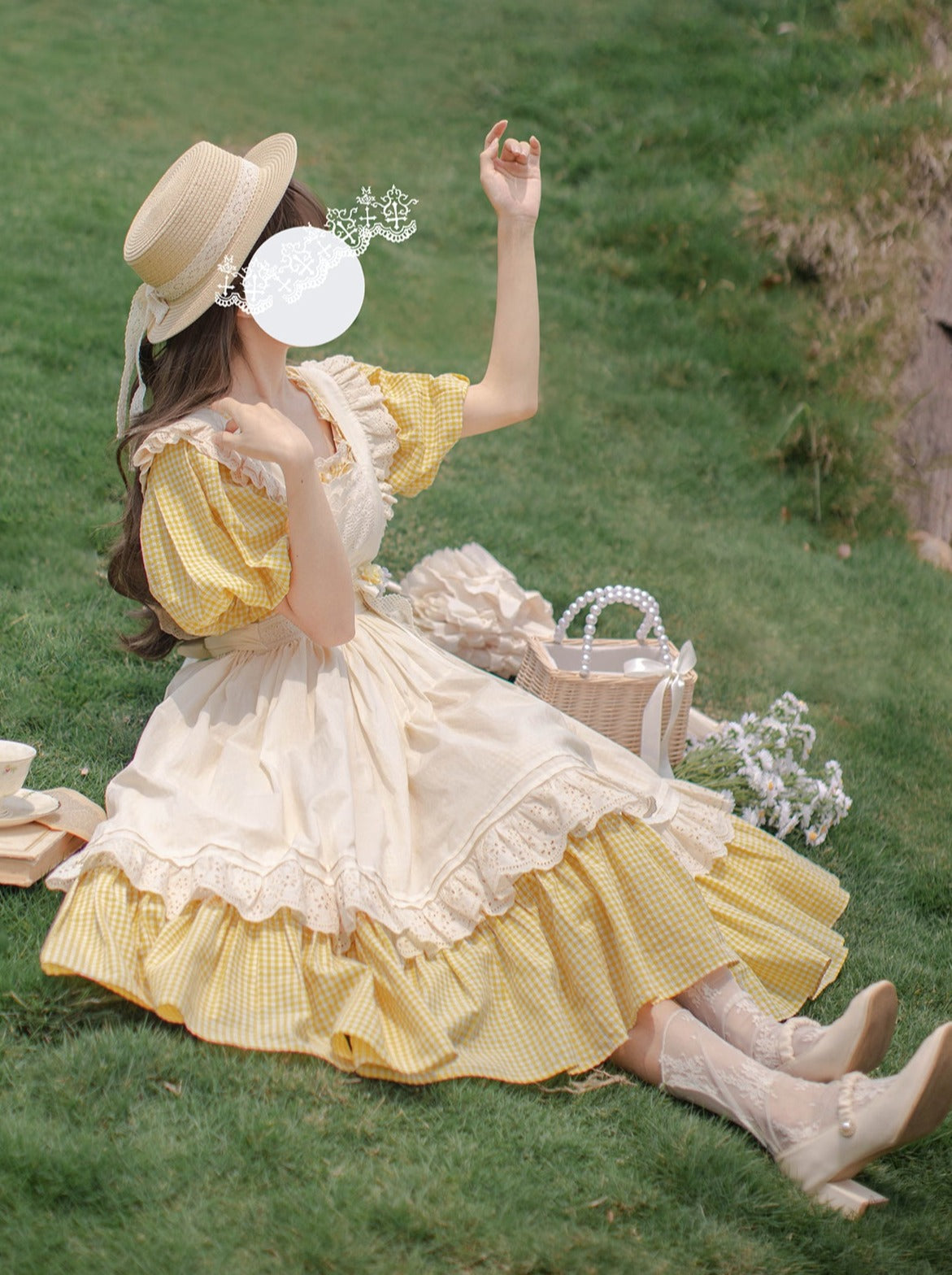 【Pre-order item】Retro Girly Yellow Dress + Apron + Ribbon