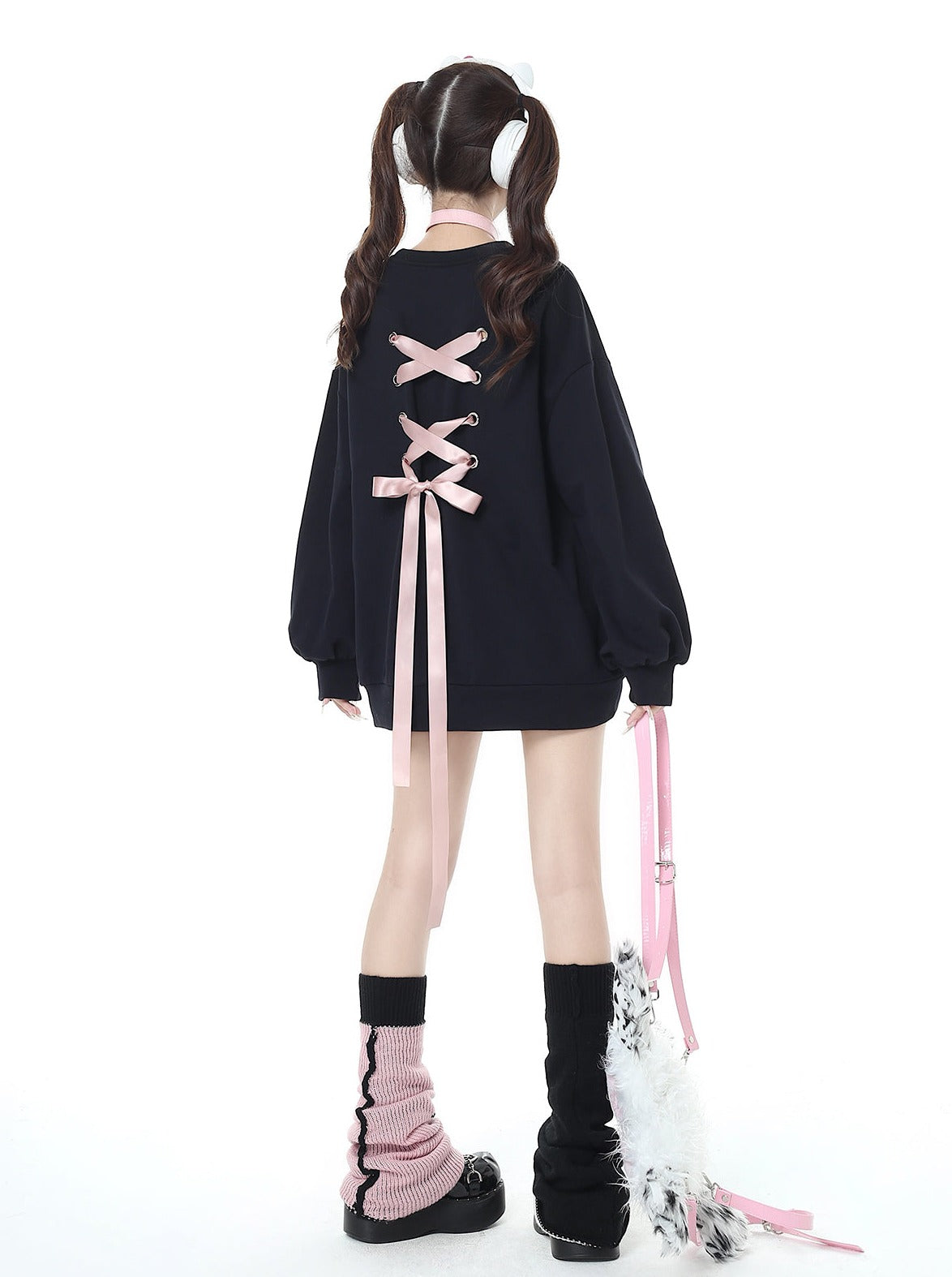 Back racing up ribbon oversized sweatshirt