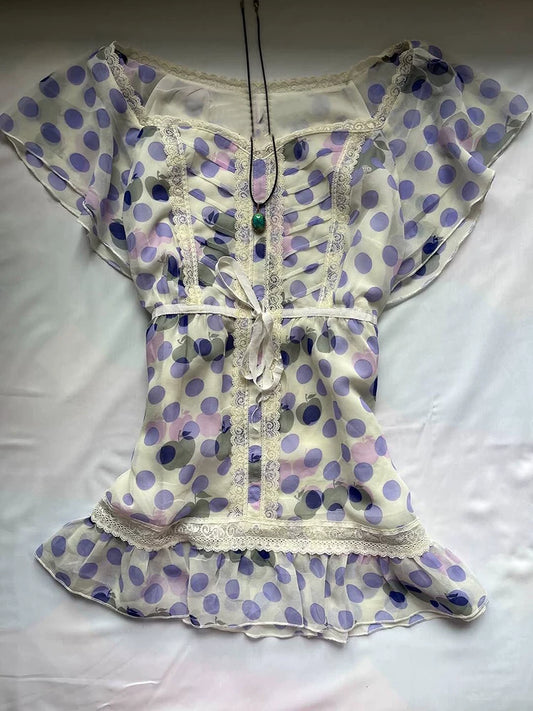 Purple Polka Dot French-Style Lace Trim Waist-Cinching Short-Sleeve Top for Summer for Women
