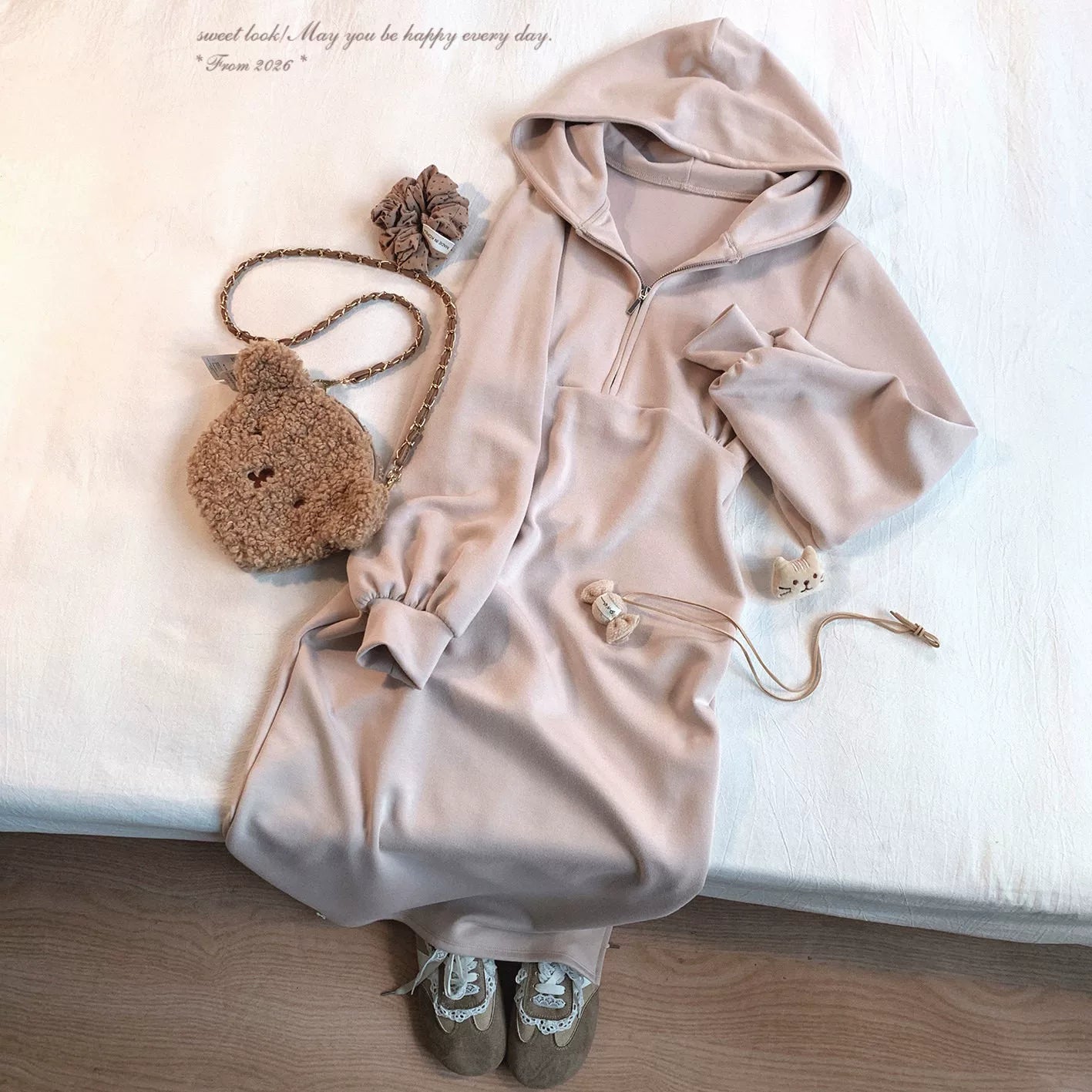 Last-Stock GR* Solid Color Minimalist Hooded Sweatshirt Dress, Casual Everyday, Versatile Zip-Front Dress