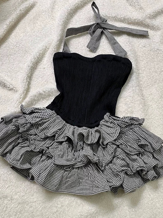 Vintage Plaid Check Slip Dress with Straps, Elegant Vintage-Inspired Waist-Defining Fit, Design-Forward Boutique Dress for Summer