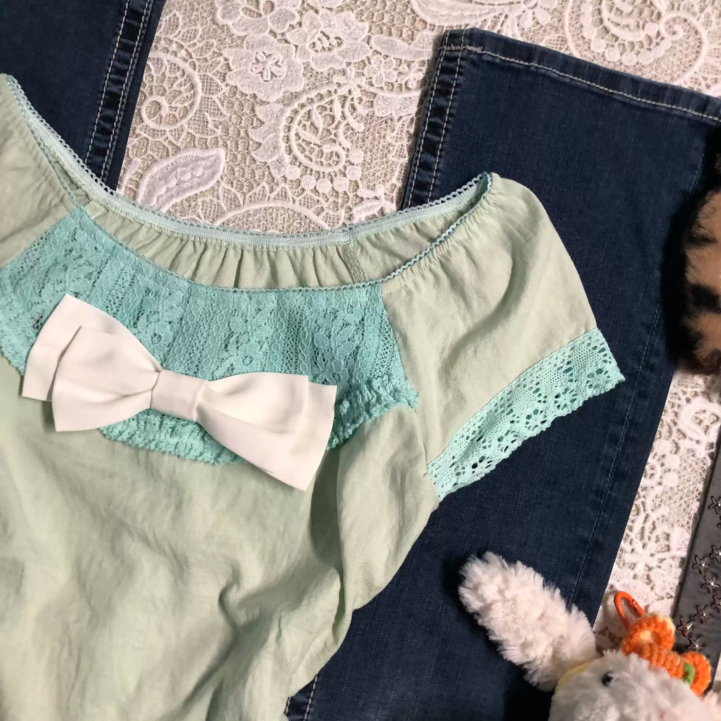 y2k fresh green lace shirt
