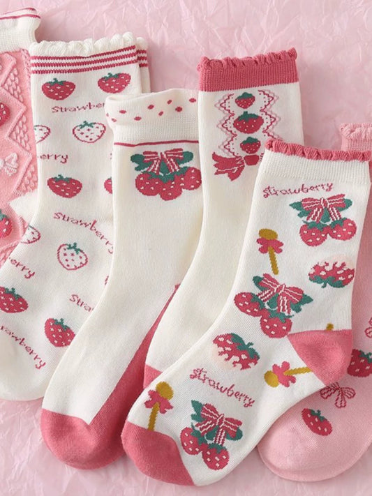 Strawberry Girl Socks – Versatile, Comfortable Mid-Calf Socks for Students, Cute Lolita Style, Perfect for Fall and Winter